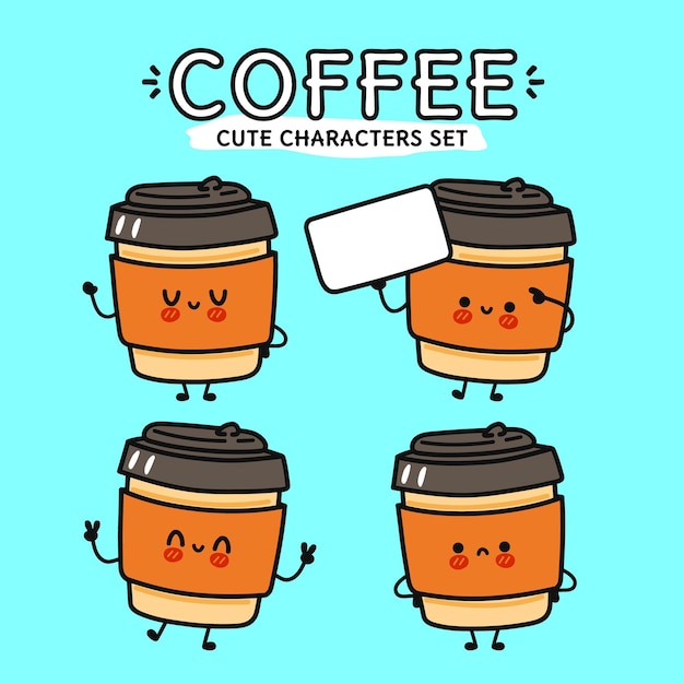 Conjunto de paquete de personajes de dibujos animados de café feliz lindo divertido