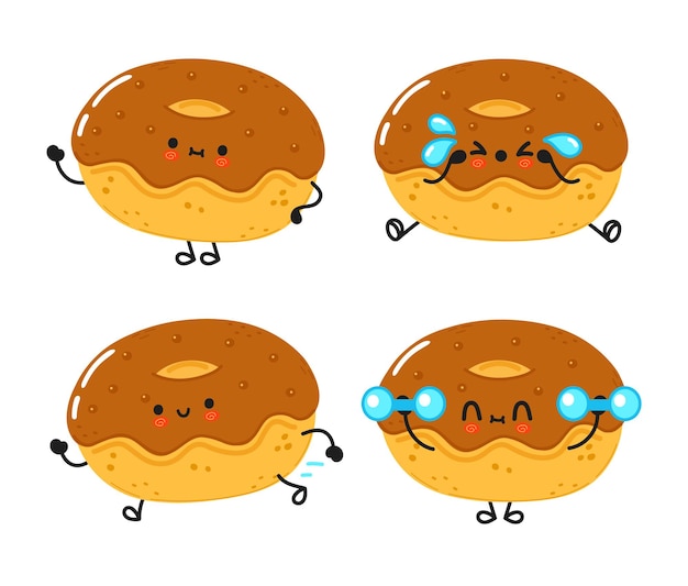 Conjunto de paquete de personajes divertidos lindos y felices donuts de chocolate
