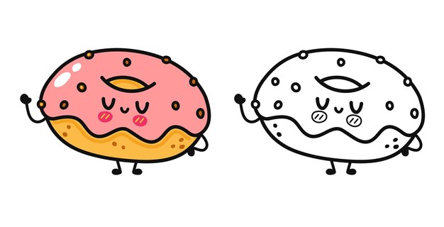 Conjunto de paquete de personajes de donut feliz lindo divertido ilustración de dibujos animados de contorno para libro de colorear