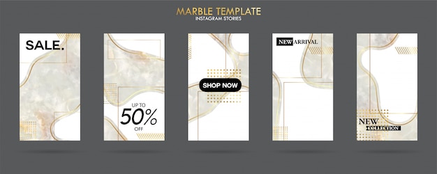 Vector conjunto de paquete de plantillas de historias de medios sociales con textura de mármol de moda de lujo