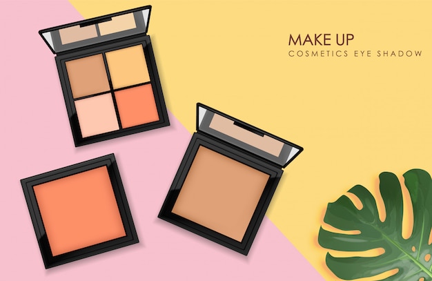 Conjunto de paquete de sombra de ojos realista, paleta de maquillaje, cosméticos, pancarta con hojas tropicales