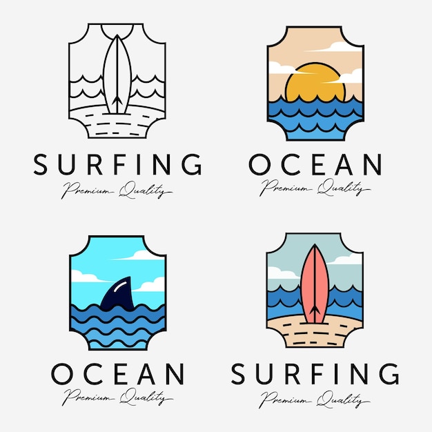 Conjunto de paquete de vacaciones en la playa Vector Logo Ilustración de diseño de concepto de horizonte de puesta de sol marina