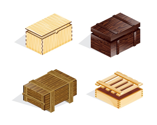 Conjunto de paquetes de cajas de cajas de madera realistas cerrados con cubiertas