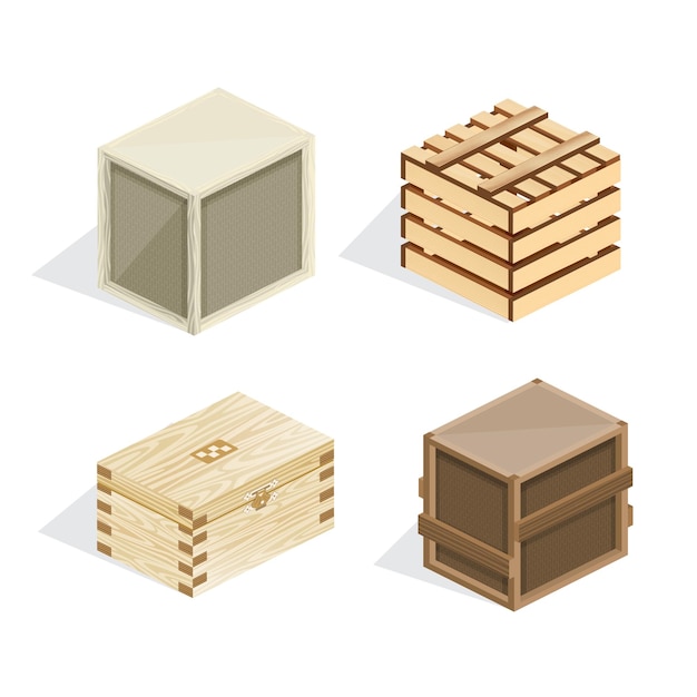 Vector conjunto de paquetes de cajas de cajas de madera realistas cerrados con cubiertas