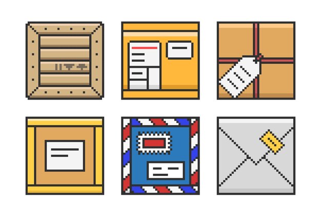 Conjunto de paquetes en estilo píxel Cajas de embalaje Visión frontal Ilustración vectorial