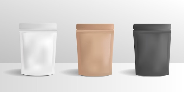 Conjunto de paquetes de papel con cremallera vectorial Bolsas en blanco maquillaje de paquete de caja de papel aislado sobre fondo blanco