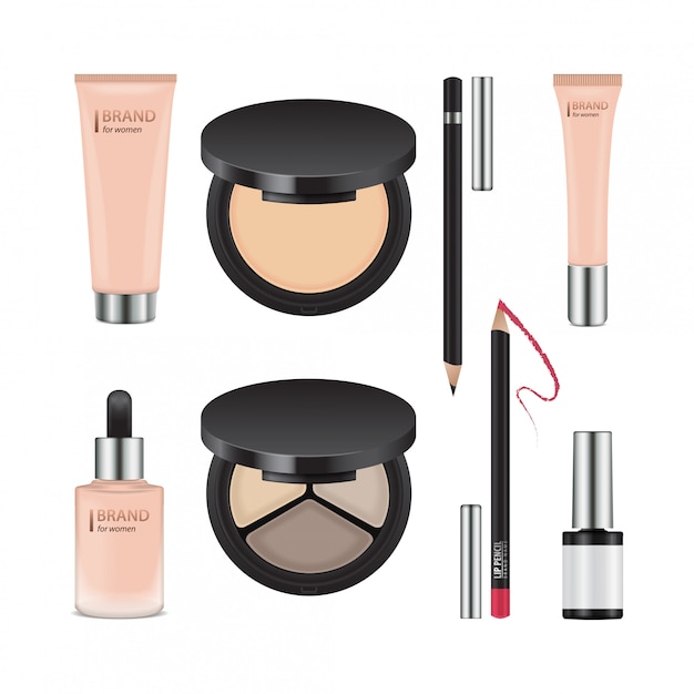 Conjunto de paquetes realistas para cosméticos decorativos. Plantilla de contenedores para sombra de ojos, polvo, esmalte de uñas, corrector, crema