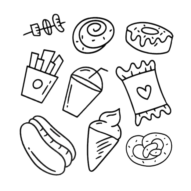 Conjunto de paquetes de vectores de alimentos y bebidas con estilo dodle