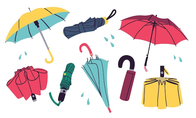 Conjunto de paraguas abiertas y plegadas Paraguas de protección contra la lluvia para el clima lluvioso Accesorios de protección con mangos de diferentes tipos de diseño Ilustraciones vectoriales planas aisladas sobre fondo blanco