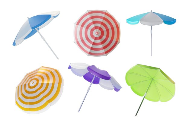 El conjunto de paraguas de playa de color 3D de estilo vector de dibujos animados