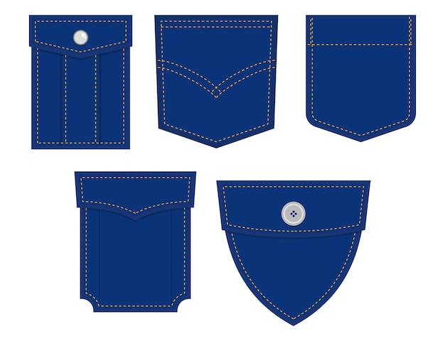 Vector conjunto de parche de bolsillo para tela, icono de bolsillo de moda conjunto de trazo editable, tejido de conjunto de bolsillo de parche