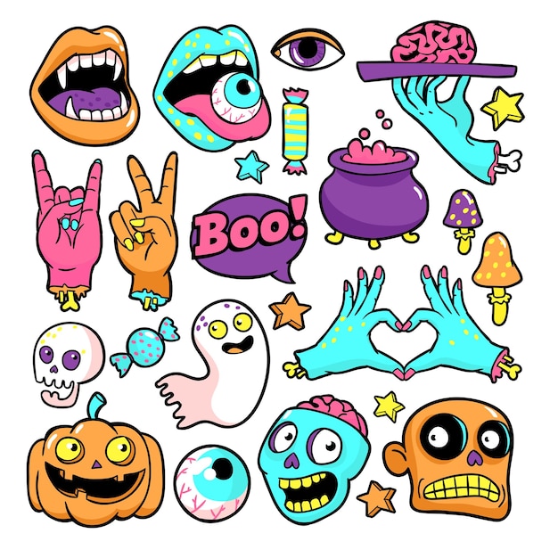 Conjunto de parches de halloween en estilo cómico de dibujos animados