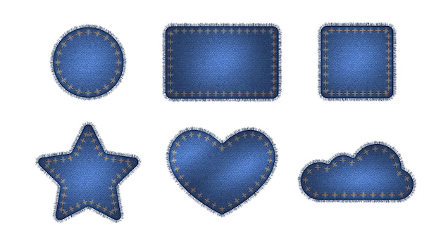 Conjunto de parches de mezclilla azul con puntadas pegatinas de diferentes formas como círculo de nubes de estrellas del corazón