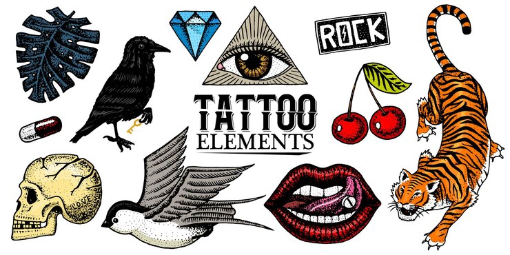 Vector conjunto de parches de moda arte de tatuaje para niñas tigre y labios cráneo y ojo en el triángulo dibujado a mano grabado en un viejo boceto vintage insignias de ilustración surrealista vectorial impresas para camiseta