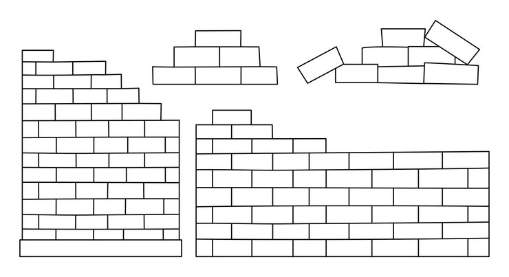 Vector conjunto de pared de ladrillo blanco y negro vectorial ilustración de sitio de construcción clipart o página de colorear de línea de pila de ladrillos aislada sobre fondo blanco