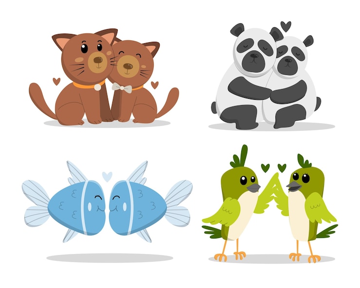 Vector conjunto de pareja de animales con gato panda pez y pájaros amante lindo en concepto de día de san valentín en ilustración de vector de personaje de dibujos animados