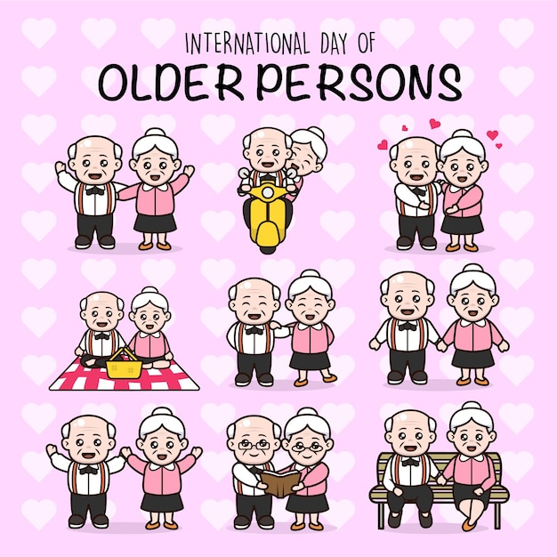 Conjunto de parejas abuelos día internacional de las personas mayores diseño de personajes
