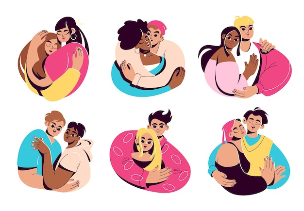 Un conjunto de parejas enamoradas. Hombres y mujeres se abrazan. Abrazos de amigos. Personajes inclusivos y LGBT.