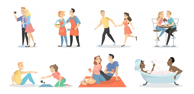 Conjunto de parejas románticas. Hombres y mujeres juntos.