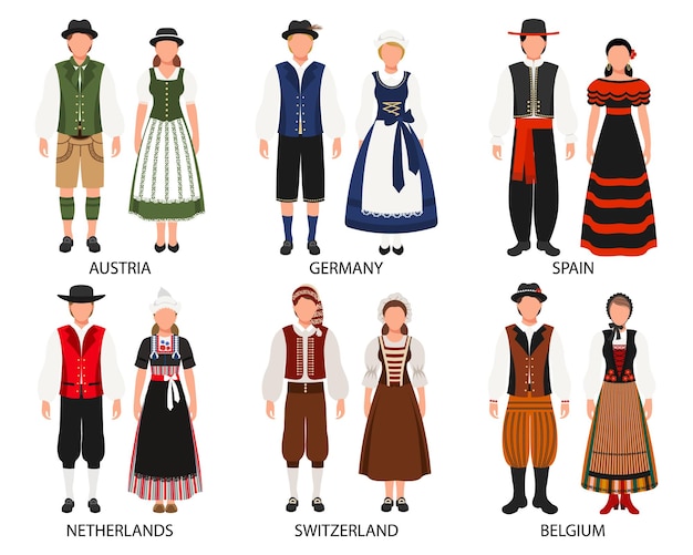 Vector un conjunto de parejas en trajes populares de países europeos austria alemania españa países bajos