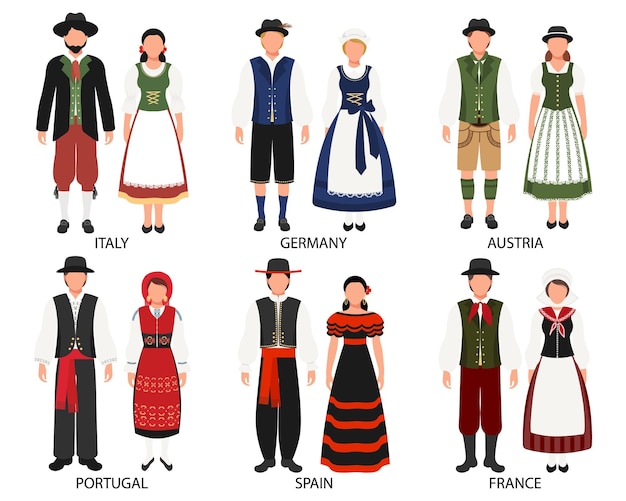 Vector un conjunto de parejas en trajes populares de países europeos italia alemania portugal españa francia