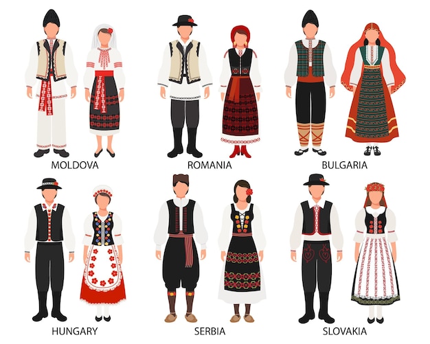 Vector un conjunto de parejas en trajes populares de los países europeos moldova rumania bulgaria serbia hungría