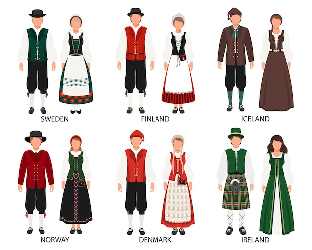 Vector un conjunto de parejas en trajes populares de países europeos suecia finlandia dinamarca noruega islandia