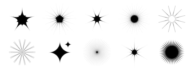 Conjunto de parpadeos y centelleos Colección de estrellas retro bling Paquete de efectos de brillo starburst negro abstracto