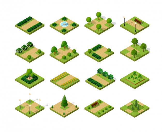 Conjunto de parques urbanos isométricos.