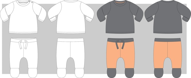 Conjunto de parte superior e inferior de pijama de bebé establece boceto plano