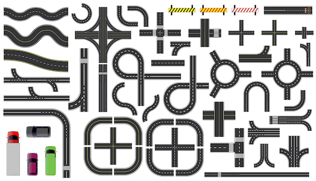 Conjunto de partes de la carretera con líneas discontinuas que marcan las intersecciones, el cruce y el paso de peatones