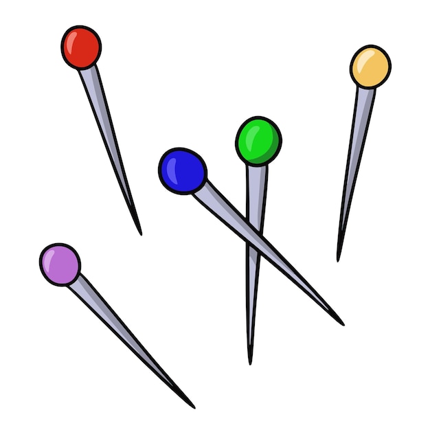 Conjunto de pasadores de metal de colores para dibujos animados de vector de costurera