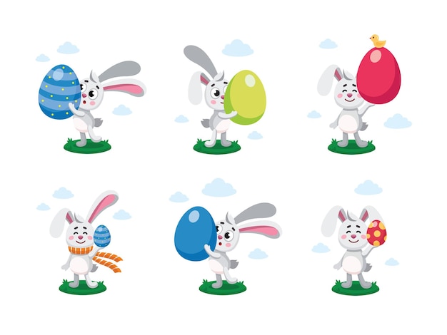 Conjunto de pascua bannies liebres conejos con huevos pintados ilustración de vector plano colorido