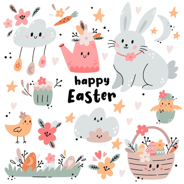Conjunto de Pascua con canasta de conejo huevos de flores pollo y elementos de diseño Ilustración de Pascua en estilo boho