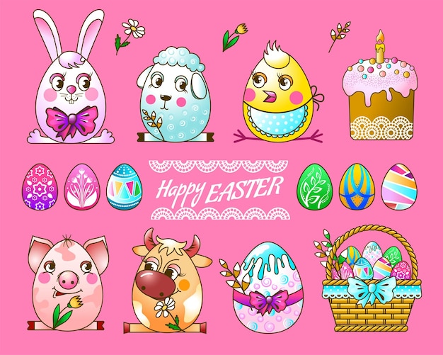 Vector conjunto de pascua canasta de huevos pintados pastel de pascua y mascotas en forma de huevo estilo de dibujos animados