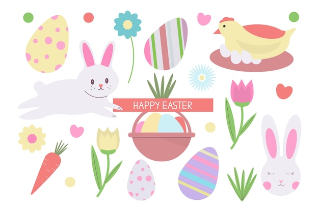 Conjunto de Pascua Colección de primavera de animales, flores, etc. Elementos para pegatinas de carteles postales