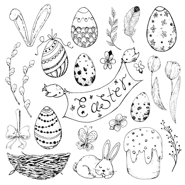 Conjunto de Pascua dibujado a mano ilustración vectorial en blanco y negro Páginas para colorear elementos de Pascua