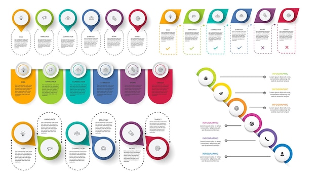 Conjunto de pasos diseño de plantilla infográfica de proceso de línea de tiempo de visualización de datos comerciales con iconos