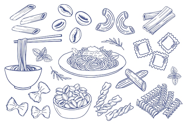 Conjunto de pasta dibujado a mano Varias ilustraciones de pasta mediterránea de comida italiana para cafetería o restaurante