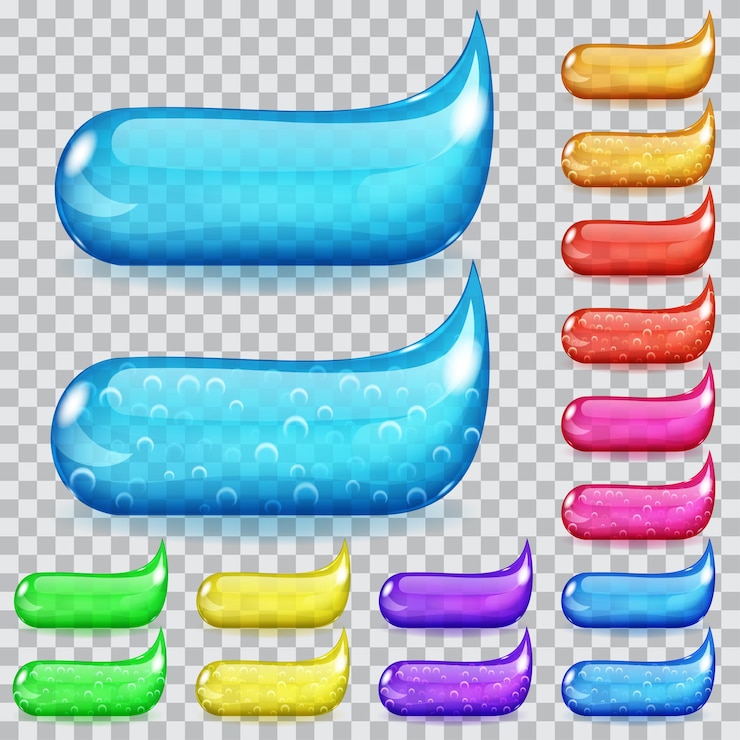 Vector conjunto de pasta de dientes transparente multicolor con burbujas de aire y sin, extruida de un tubo