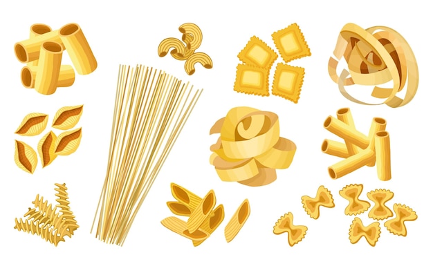 Conjunto de pasta italiana conjunto aislado de pasta vectorial