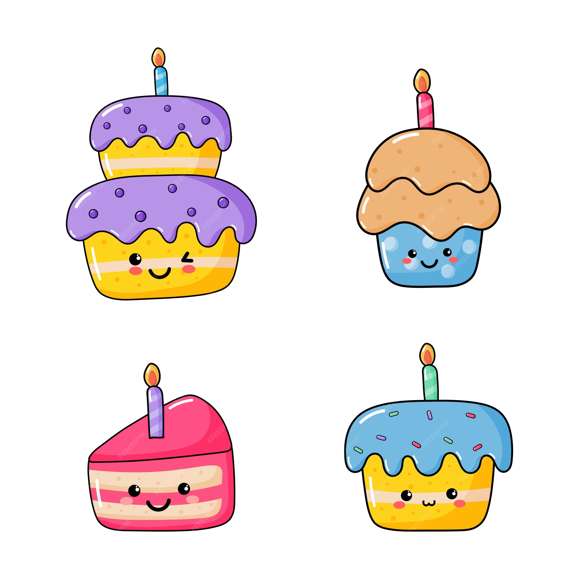 Conjunto de pastel de cumpleaños kawaii conjunto. fiesta de comida aislado  | Vector Premium