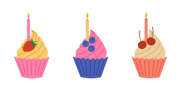 Conjunto de pasteles coloridos con bayas de crema y velas encendidas muffins de cumpleaños