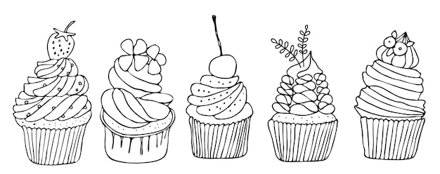 Conjunto de pasteles con crema y bayas Muffins con fresas cerezas y arándanos Ilustración vectorial dibujada a mano Esbozo en blanco y negro