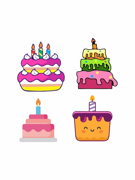 un conjunto de pasteles de cumpleaños con diferentes colores y formas