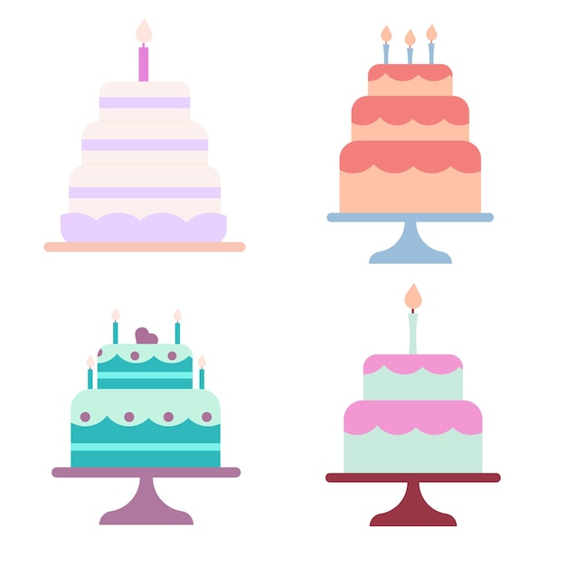 Conjunto de pasteles de cumpleaños de estilo plano con velas Ilustración vectorial