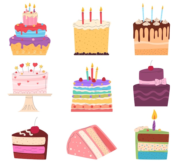 Un conjunto de pasteles de cumpleaños festivos dulce y delicioso postre horneado fiesta de cumpleañas ilustración vectorial
