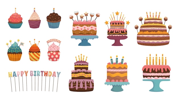 Conjunto de pasteles de cumpleaños, velas, cupcakes festivos, colección de vacaciones para fiestas o celebraciones de aniversario, panadería.