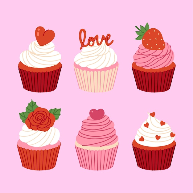 Conjunto de pasteles decorados festivamente para el Día de San Valentín