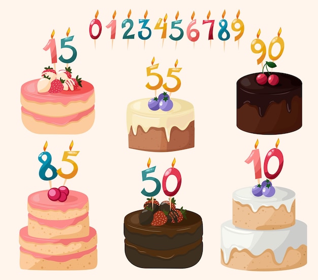 Conjunto de pasteles decorados festivos con figuras de velas como números. Ilustración de vector plano.